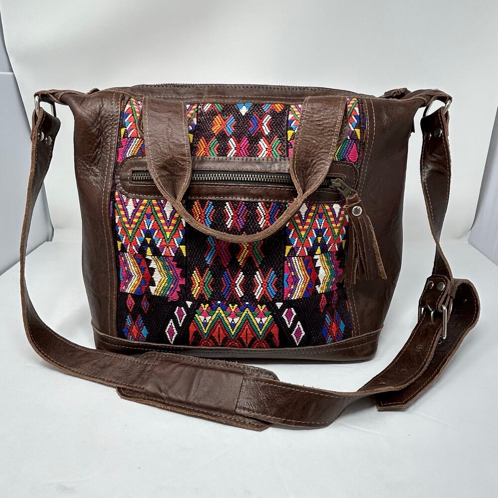 Large Handbag Crossbody Guatelmalan Leather Embroidered Colorful Huipil Artisan - Picture 2 of 11
